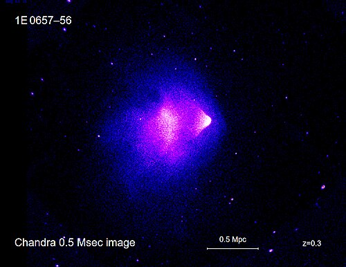 The Bullet Cluster, with hot gas in pink and the mass map in blue
