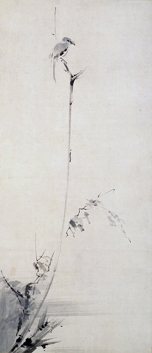 Kobokumeigekizu, an ink painting of a shrike on a dead branch by Miyamoto Musashi