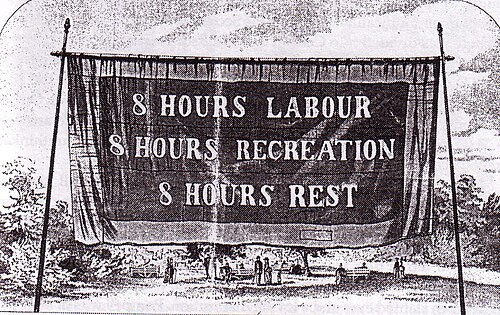An 1856 banner from the eight-hour day labor movement
