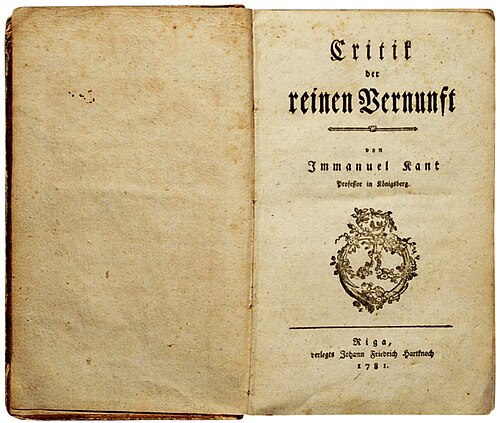 Title page of the first edition of Critique of Pure Reason, 1781